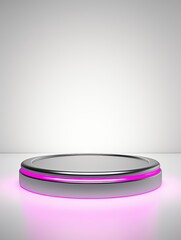 Silver Pedestal of platform display with neon modern stand podium on white room background. Blank Exhibition stage backdrop or empty product shelf, copy space, generative ai