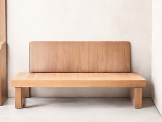 Rustic wood bench against beige stucco wall with copy space. Japandi interior design of modern entrance hall