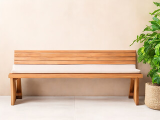 Rustic wood bench against beige stucco wall with copy space. Japandi interior design of modern entrance hall