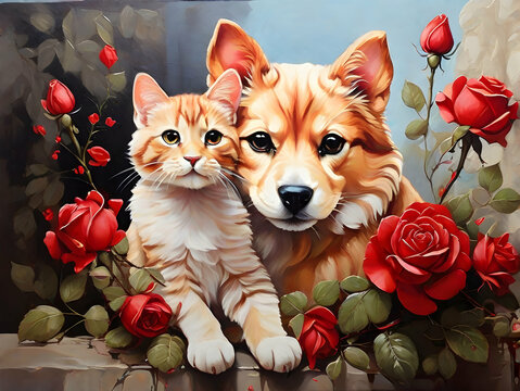 highly quality acrylic oil paint of a A cute dog and kitten  together surrounding red rose flowers and bunch with leaf for love and Valentine's Day. 