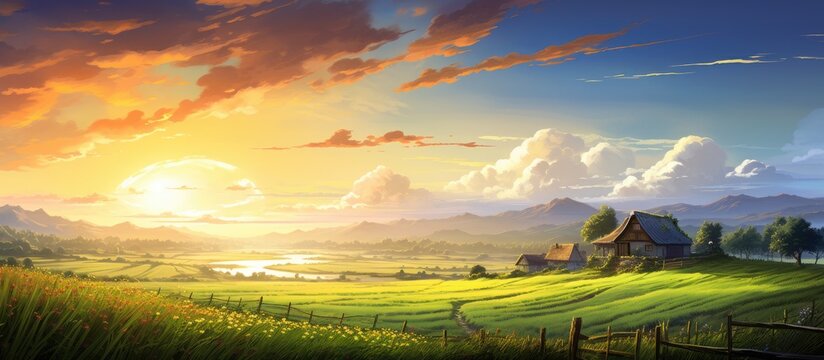 In the enchanting rural landscape of City, a beautiful house nestled amongst fields of golden paddy, surrounded by lush green grass and vibrant blue skies, stands witness to breathtaking sunsets and