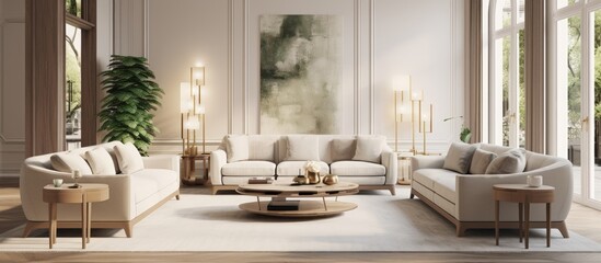 The luxurious living room came to life with its stunning 3D furniture design, where a wooden frame effortlessly blended with the white walls, illustrating a perfect harmony of light and space in the - Powered by Adobe