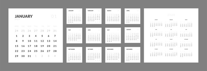 Set of monthly calendar planner page templates for 2024. Vector layout of wall or desk minimalist calendar in Square shape with week start on Monday for print