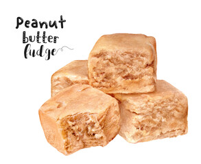 Watercolor illustration of peanut butter fudge close up. Design template for packaging, menu, postcards.