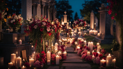 Fototapeta premium Blossoms of Remembrance: The Candlelit Pathway