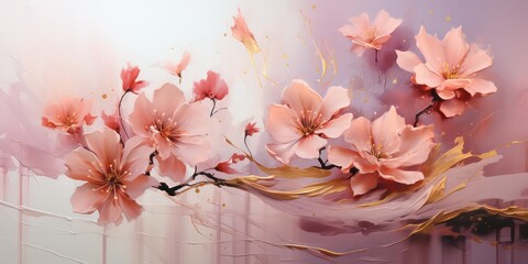 Delicate painting that incorporates soft shades of pink, white, green, and a touch of gold. The artwork is created with broad brush strokes in an abstract style