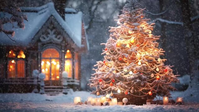 Festive Christmas Tree Lighting on a Snowy Winter Night