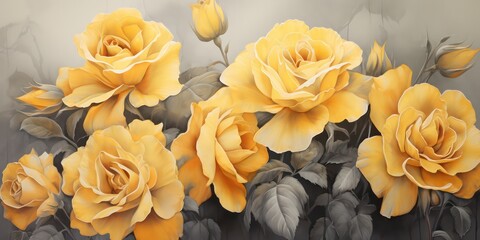 Style of floral yellow and bronze. It incorporates elements reminiscent of Chinese brushwork, with colors like white and orange within a monochromatic scheme.