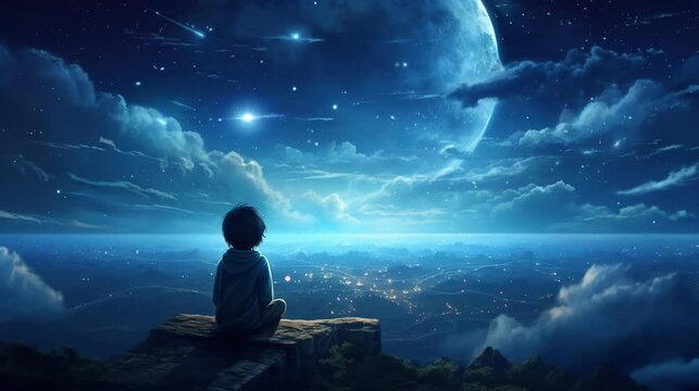 little boy looking at the beautiful sky. seamless looping time-lapse virtual 4k video animation background.