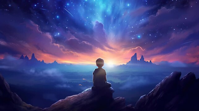 little boy looking at the beautiful sky. seamless looping time-lapse virtual video Animation Background.