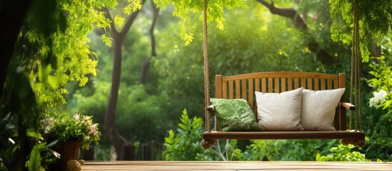 In the midst of a vibrant summer, an isolated wooden chair adorned with a green cushion sits against a white background in a peaceful garden, while a rope swing sways gently on the patio. The natural