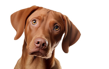 Cute Vizsla dog or pet is looking happy isolated on transparent background. Brown Vizsla young dog is posing. Cute, happy crazy dog headshot isolated on transparent, png	