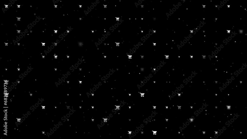 Poster template animation of evenly spaced shopping cart symbols of different sizes and opacity. animation 