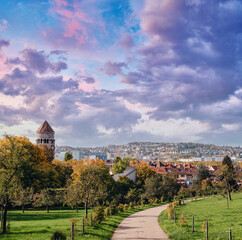 Germany, Stuttgart panorama view. Beautiful houses in autumn, Sky and nature landscape. Vineyards in Stuttgart - colorful wine growing region in the south of Germany with view over Neckar Valley