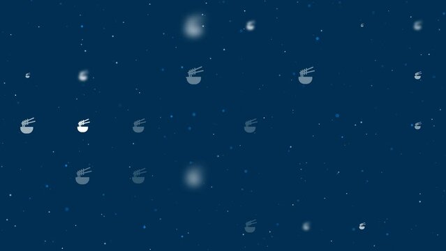 Template animation of evenly spaced noodle symbols of different sizes and opacity. Animation of transparency and size. Seamless looped 4k animation on dark blue background with stars