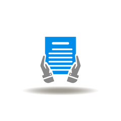 Vector illustration of hands holding paper list. Icon of paperwork. Symbol of manuscript. Sign of story telling. Pictogram of submitting an application.