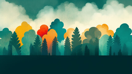 Calming Watercolor Illustration of Forest with Vibrant Orange Trees in the Center