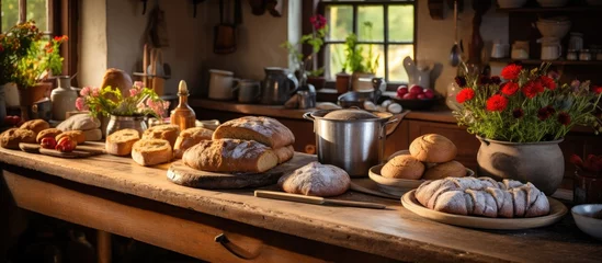 Papier Peint photo Lavable Pain In the old farmhouse kitchen, the warm light filled the room, illuminating the wood table where a box of freshly baked bread awaited breakfast, a feast for hungry bellies and a testament to the farm's