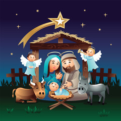 Nativity Scene with Mary, Joseph, Jesusand baby Jesus. Vector illustration