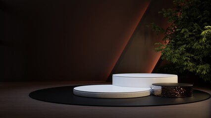 White empty podium or pedestal for product presentation on two floors. Mockup platform on black background with christmas tree. 3d rendering