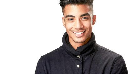 Obraz premium Winter portrait of young man with short haircut; studio shot, transparent background, isolated, copy space for your advertising and brand image or text message design.