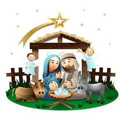 Nativity Scene with Mary, Joseph, Jesusand baby Jesus.