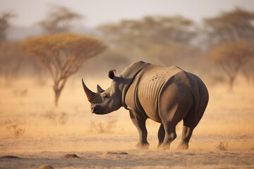 Fototapeta premium Big rhinoceros in Africa. African rhinoceros walking in the grass, with beautiful evening light. Wildlife scene from nature. Animal in the habitat.