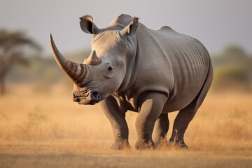 Fototapeta premium Big rhinoceros in Africa. African rhinoceros walking in the grass, with beautiful evening light. Wildlife scene from nature. Animal in the habitat.