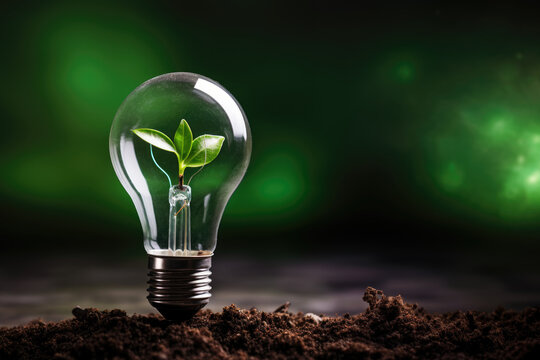 A young tree plant is growing inside a light bulb. The light bulb is on soil and a dark green background with copy space. Renewable and green energy concept