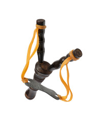 Black slingshot with leather pouch isolated on white