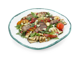 Delicious salad with beef tongue, grilled vegetables, peach and blue cheese isolated on white
