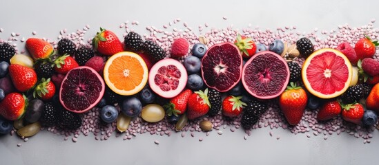 In a white background, a top-down view captures the vibrant arrangement of purple, white, and red tropical fruits - a flatlay of healthy, organic, and nutritious options rich in vitamins, seeds, and