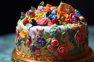 Fototapeta na wymiar Beautiful, elegant birthday cake with flowers and candles. Generative AI.