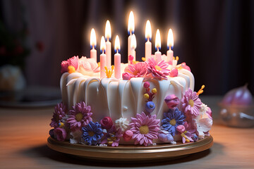 Beautiful, elegant birthday cake with flowers and candles. Generative AI.