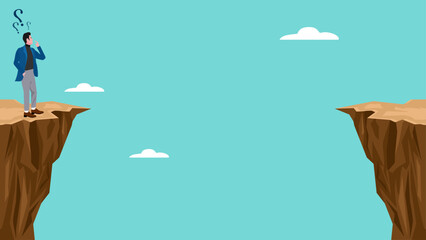 creative problem solving at work illustration with the concept of a businessman who is looking for a way to cross the gap between two cliffs, challenge at work