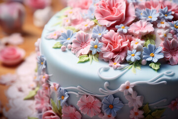 Obraz na płótnie Canvas Beautiful, elegant birthday cake with flowers and candles. Generative AI.