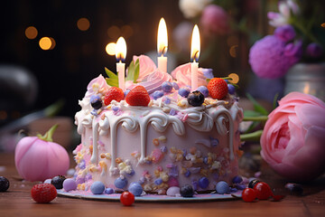 Beautiful, elegant birthday cake with flowers and candles. Generative AI.