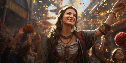 Obraz premium Woman celebrating culture in parade confetti and people shouting. Concept of Cultural Pride Festivity, Joyous Cultural Celebration, Vibrant Parade Participation, Cultural Enthusiasm in Parades.