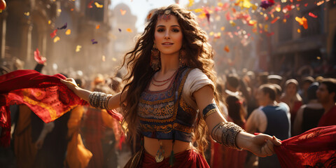 Confetti celebration of diverse culture parade woman in traditional dress. Concept of Cultural Parade Festivity, Vibrant Cultural Display, Traditional Attire in Festivals, Multicultural Celebration.