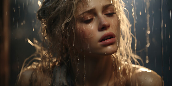 Blonde woman crying in the rain. Concept of Emotional Release, Solitude in Grief, Symbolic Rain of Sorrow, Cathartic Rainfall, Emotional Turmoil.