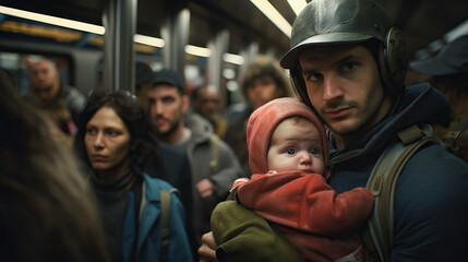 Man holding baby girl on crowded bus travel. Concept of Commuting Moments, Holding Baby on a Crowded Bus, Navigating Parenthood in Transit, Bonding Amidst Bustling Travel.