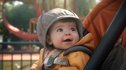 Young baby girl in harness on parents chest. Portrait concept of Parental Bonding: Baby's First Adventures, Harness of Love and Security.