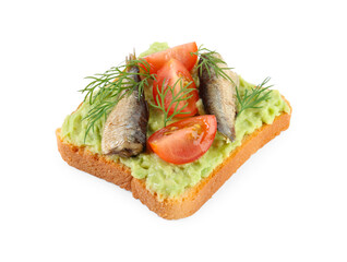 Delicious sandwich with sprats, tomatoes, dill and avocado puree isolated on white