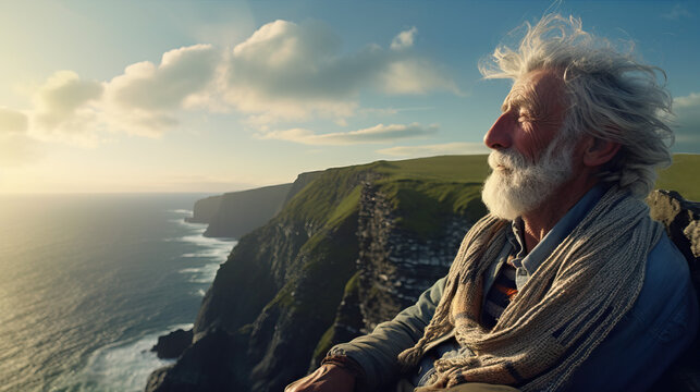 Older man with beard on mountain cliffs overlooking the ocean. Concept of Coastal Contemplation, Wisdom Overlooking the Waves, Seaside Reflections in Old Age, Mountain Majesty for the Wise. - Powered by Adobe