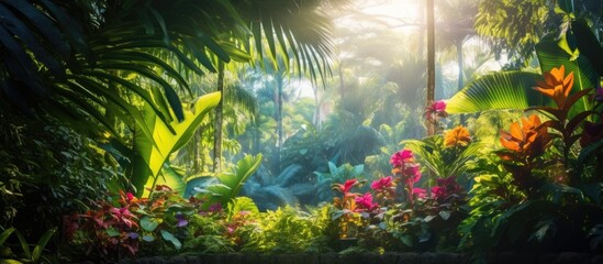 Obraz na płótnie Canvas In the lush tropical forest, the vibrant green foliage of the palm trees created a stunning display of color, blending seamlessly with the natural beauty of the surrounding flora and adding texture to