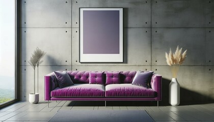 A violet sofa against a concrete wall in a modern living room, accompanied by a blank mock-up poster frame