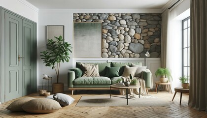 Scandinavian interior design of a modern living room with a green sofa against a white wall featuring stone wall decor and a minimalist aesthetic