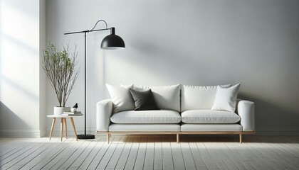 Modern Scandinavian living room with a white sofa, black floor lamp, and a potted branch against a white wall