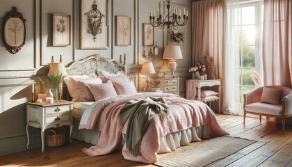 French country interior design in a modern bedroom with a bed dressed in pastel pink bedding