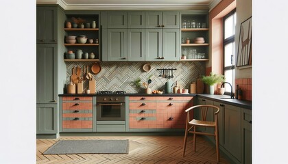 A Scandinavian modern kitchen with dusty green cabinets, black countertops, and a coral-colored herringbone tiled backsplash